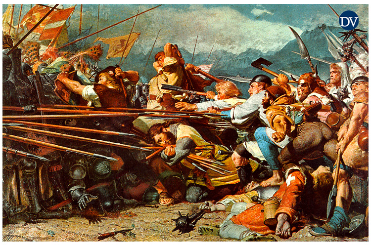 … en la batalla de Sempach (1397), Arnold Von Winkelried, se arrojó a pecho descubierto contra las lanzas enemigas en los últimos instantes de su vida, Winkelried gritó a sus compañeros de lucha estas palabras: "Cuidad de mi mujer y mis hijos!!!"